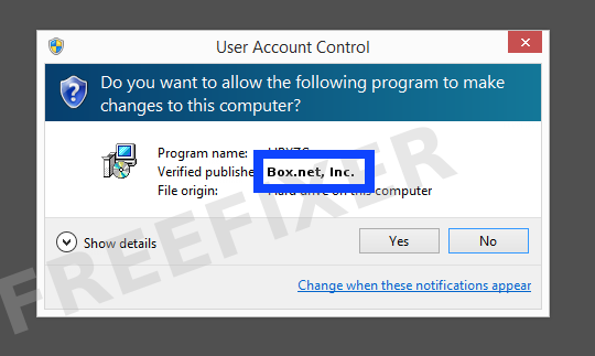 Screenshot where Box.net, Inc. appears as the verified publisher in the UAC dialog